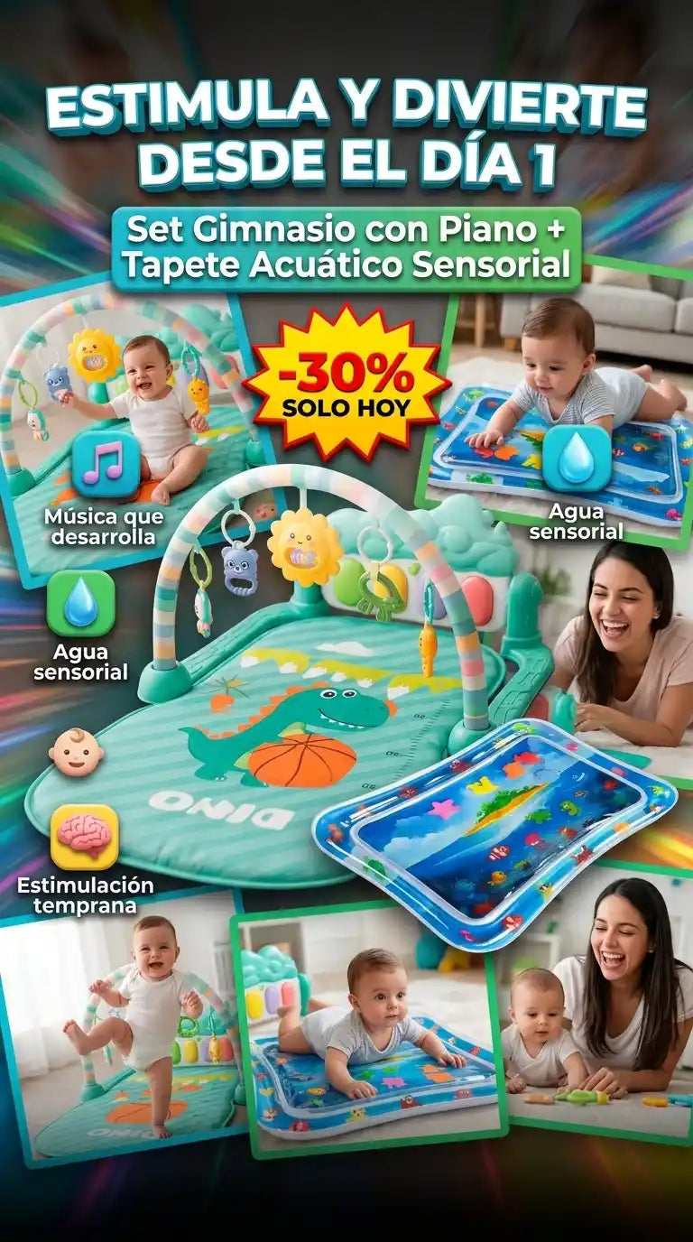 Combo Sensorial Bebé - Estimulación temprana con juego, color y sonido - Gimnasio + Tapete de Agua - HOY 30% OFF