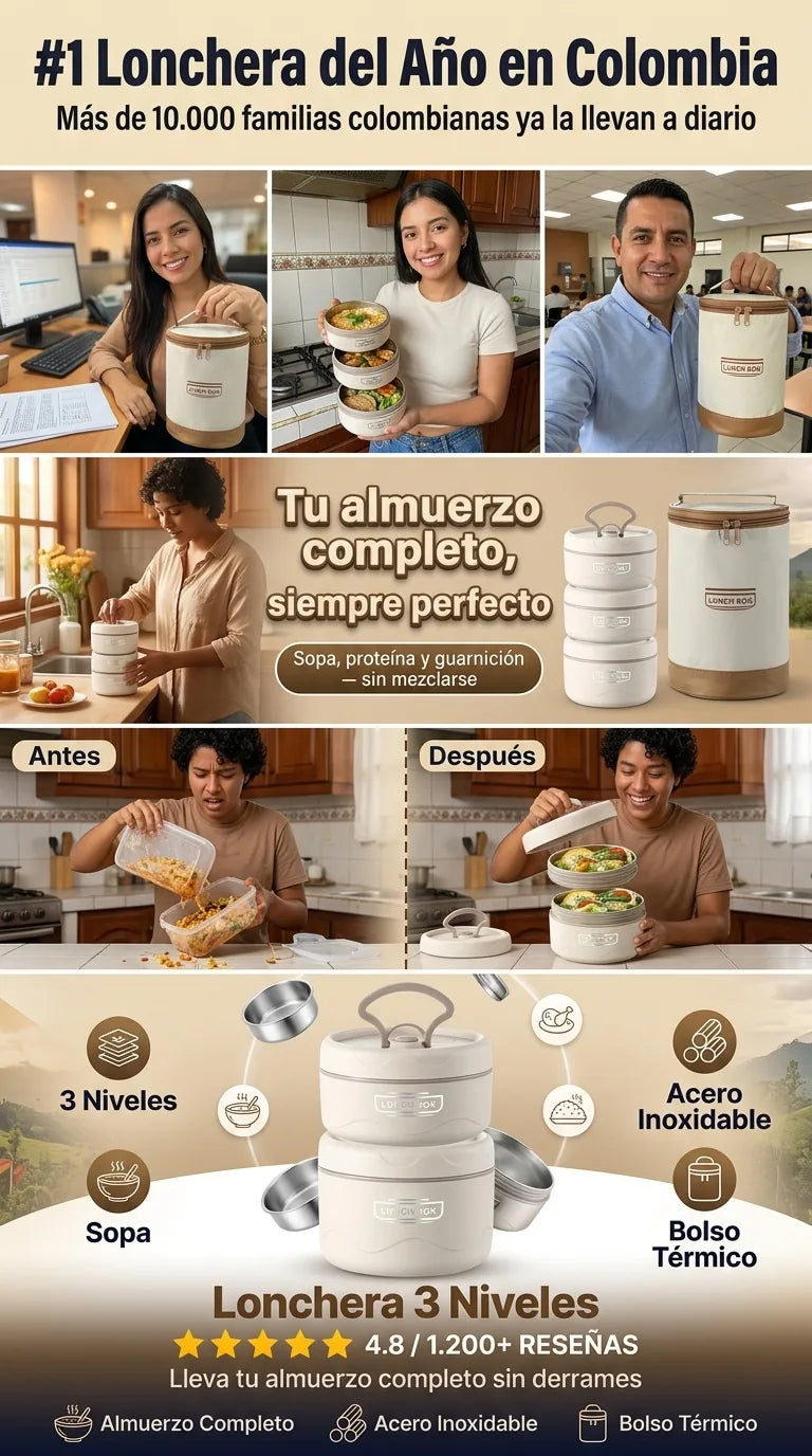 Lonchera Acero Inoxidable 3 Niveles - Tu Comida Calientita y Organizada - Descuento de Lanzamiento