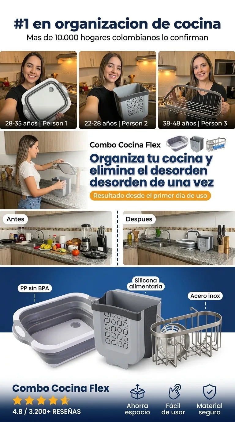 Kit Cocina Full (3 Piezas) - Tabla Multifuncional + Caneca Plegable + Escurridor - 38% Descuento Hoy