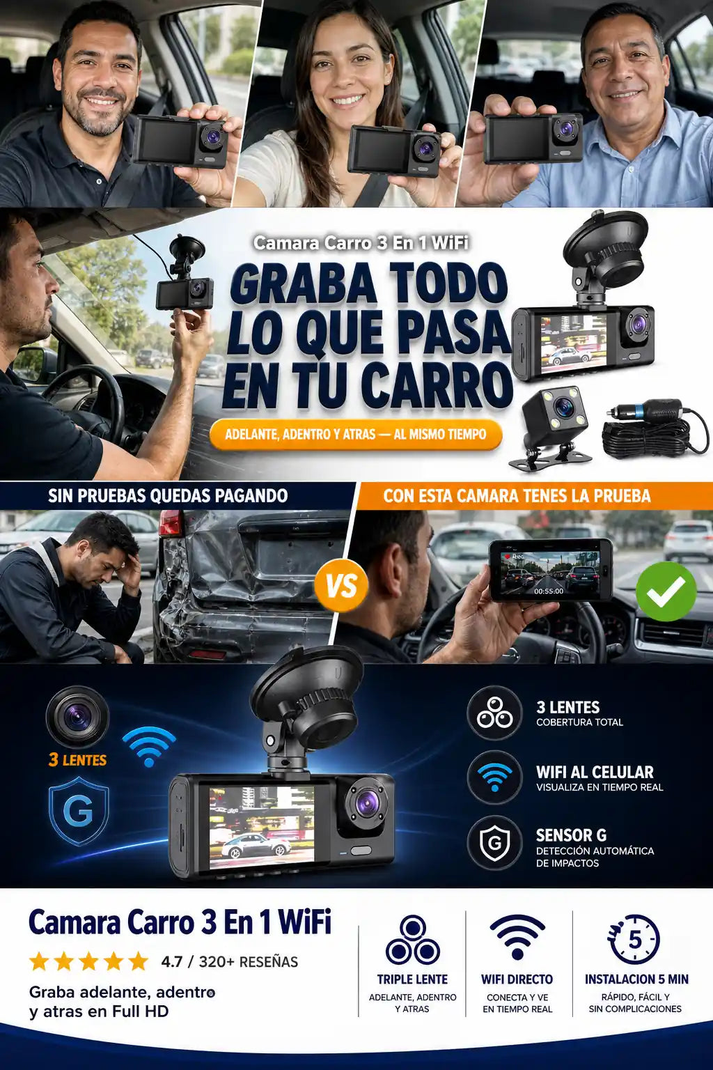 Cámara Para Carro 3 Lentes WiFi 1080p - Graba Todo Lo Que Pasa - HOY 30% DESCUENTO