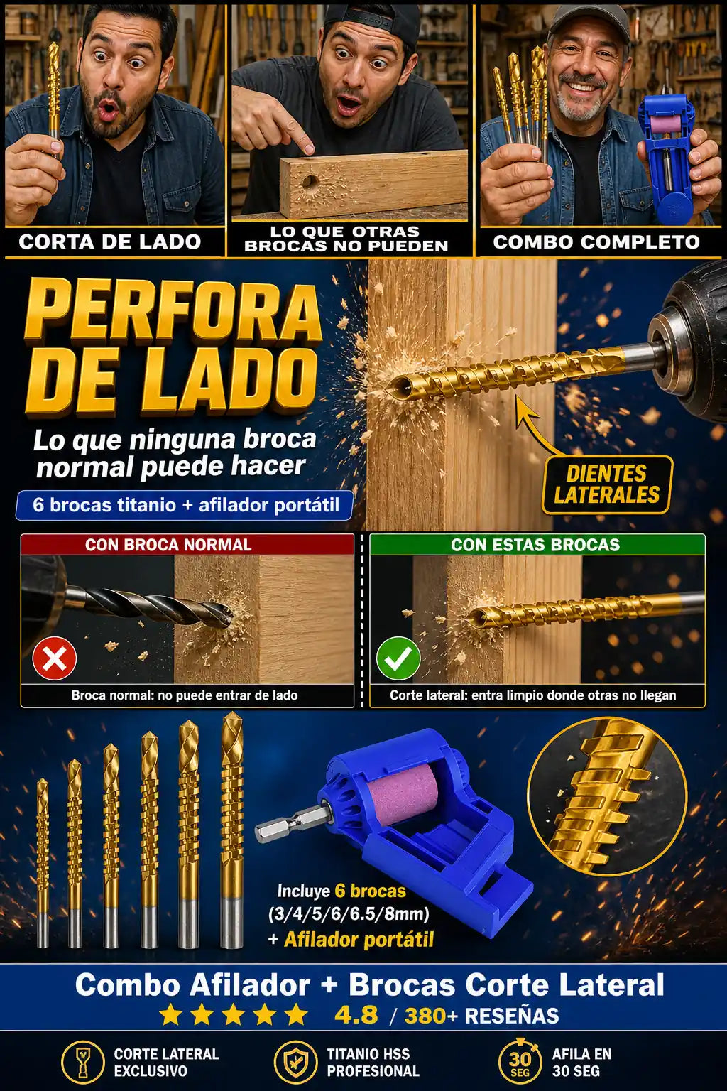 Brocas Corte Lateral Titanio x6 + Afilador Portátil - Perfora De Lado y Salva Tus Brocas - Oferta Solo Por 24Hrs