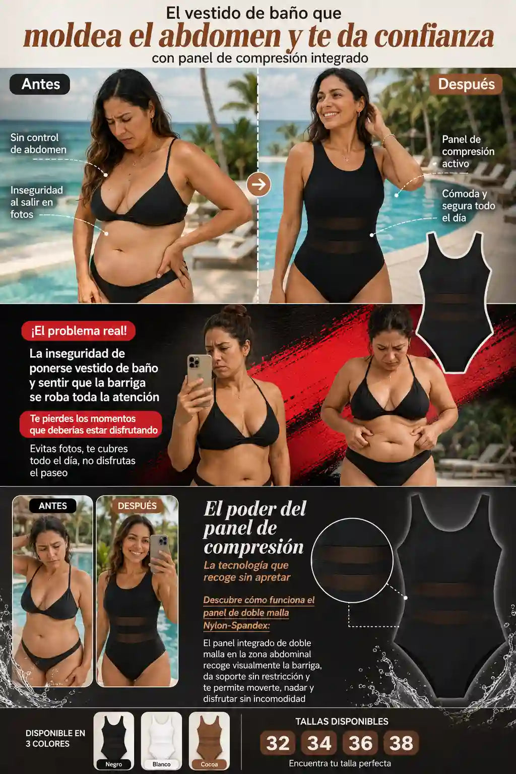 Vestido de Baño Control de Abdomen - Panel de Compresión · Secado Rápido · Protección UV - ULTIMAS UNIDADES
