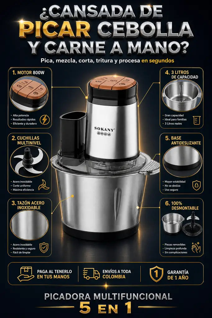 Picadora Multifuncional 5 en 1 - Pica Todo en Segundos Sin Esfuerzo - Ebook de Recetas de Regalo