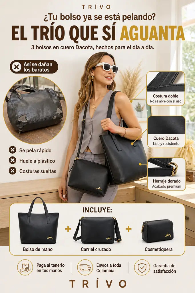 Trio en Cuero Trivo - Bolso de Mano + Carriel + Cosmetiquera - Descuento Especial