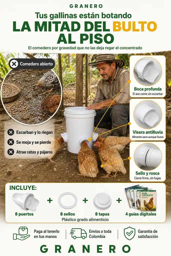 GRANERO Comedero Automático por Gravedad para Aves - Set x 8 Puertos - + 4 Guías de Regalo