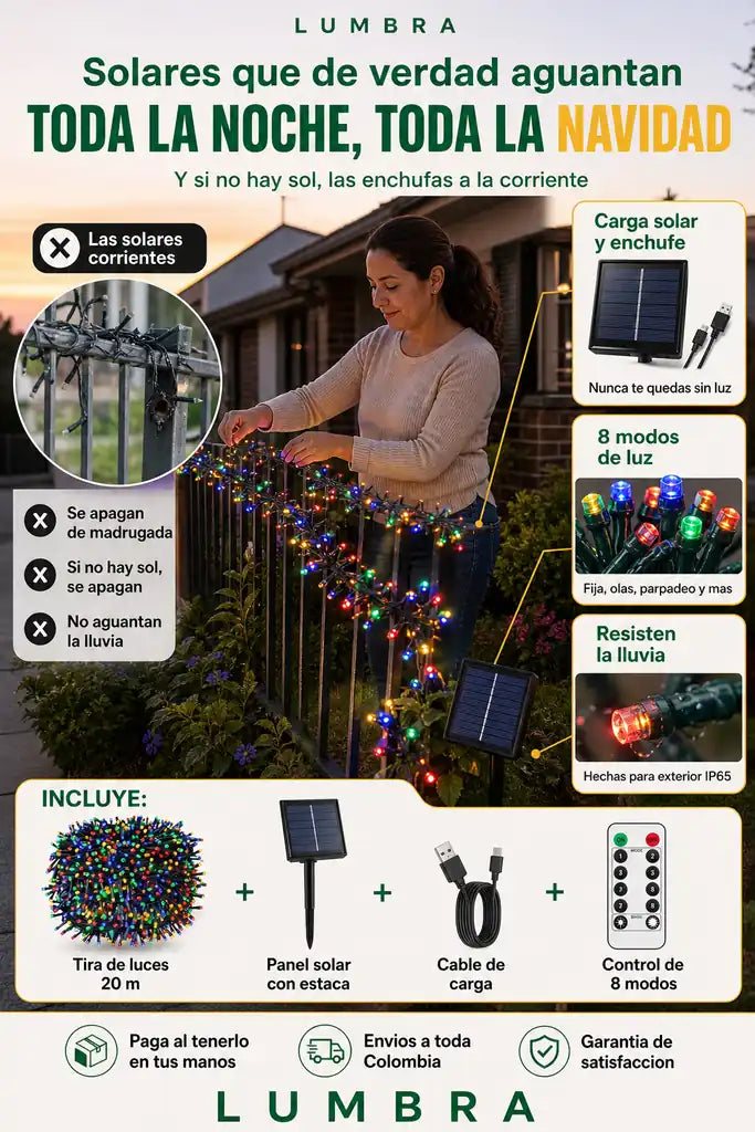 Luces 20 Mts Multicolor - Carga Solar y Enchufe - Lleva La 2da a Mitad de Precio
