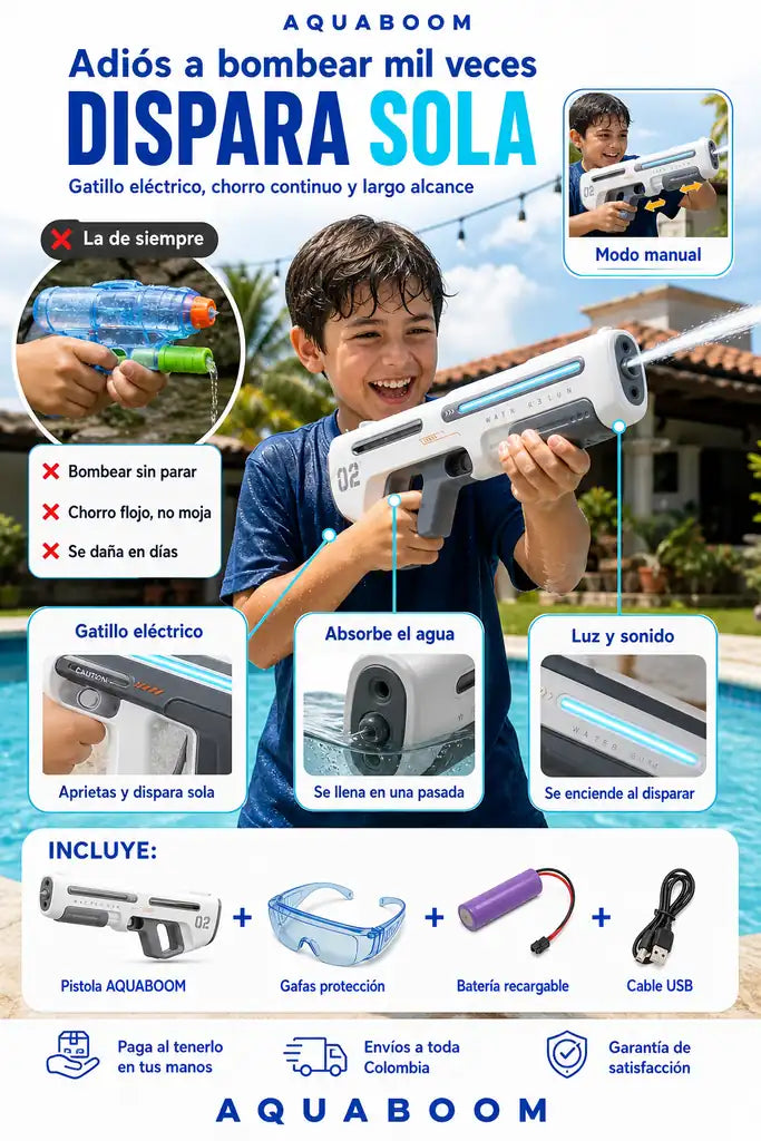 Pistola Electrica de Agua AQUABOOM - Dispara Sola Sin Bombear - Oferta Previa a Temporada