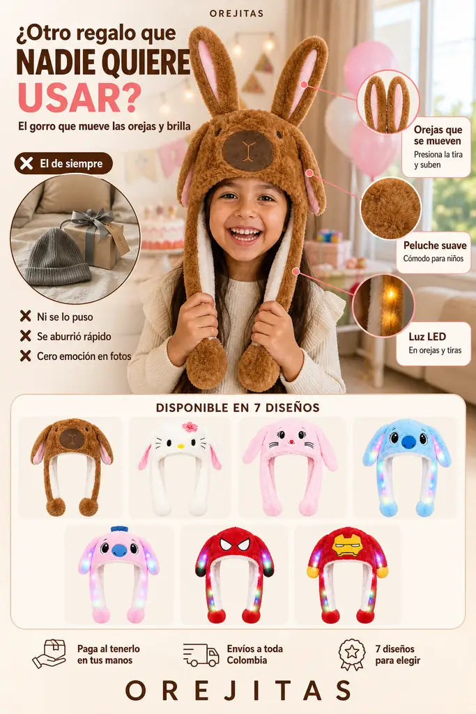 Gorro De Orejitas Móviles y Luz LED - Regalo Que Encanta - Oferta Especial