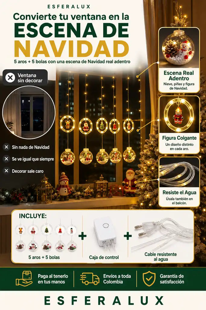 Cortina de Luces Navideña con Bolas y Aros - Decoración Que Encanta - Pocas Unidades