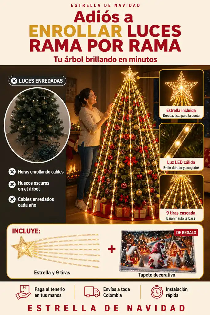 Luces Estrella Cascada + Tapete de Regalo - Árbol Iluminado en Minutos - Oferta de Navidad
