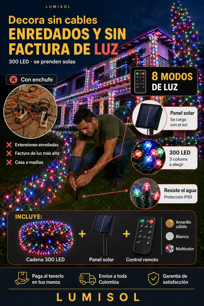 Luces Navidad Panel Solar 300 LED Multicolor - Sin Cables ni Enchufes - Oferta de Temporada