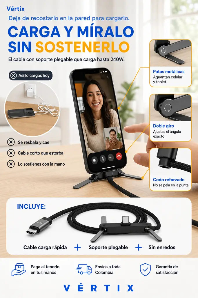 Cable de Carga con Soporte Plegable - Manos Libres al Cargar - 30% Descuento