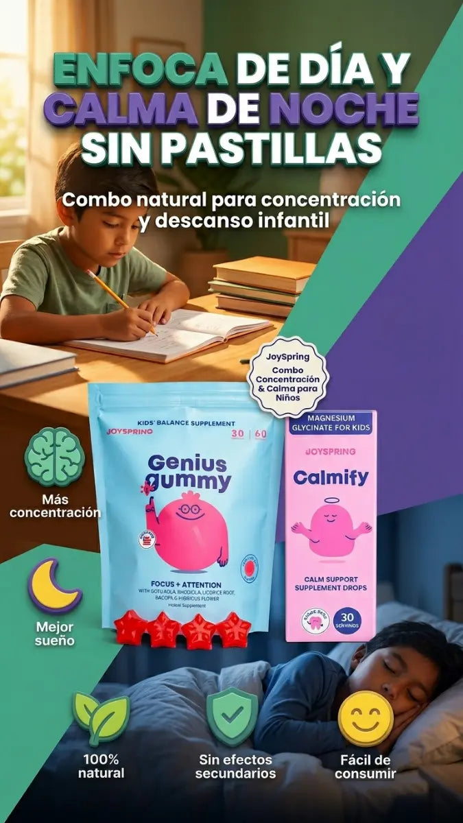 JoySpring Combo Concentración & Calma para Niños - Gomitas y Gotas de Apoyo Para Concentración y Descanso - HOY 30% OFF