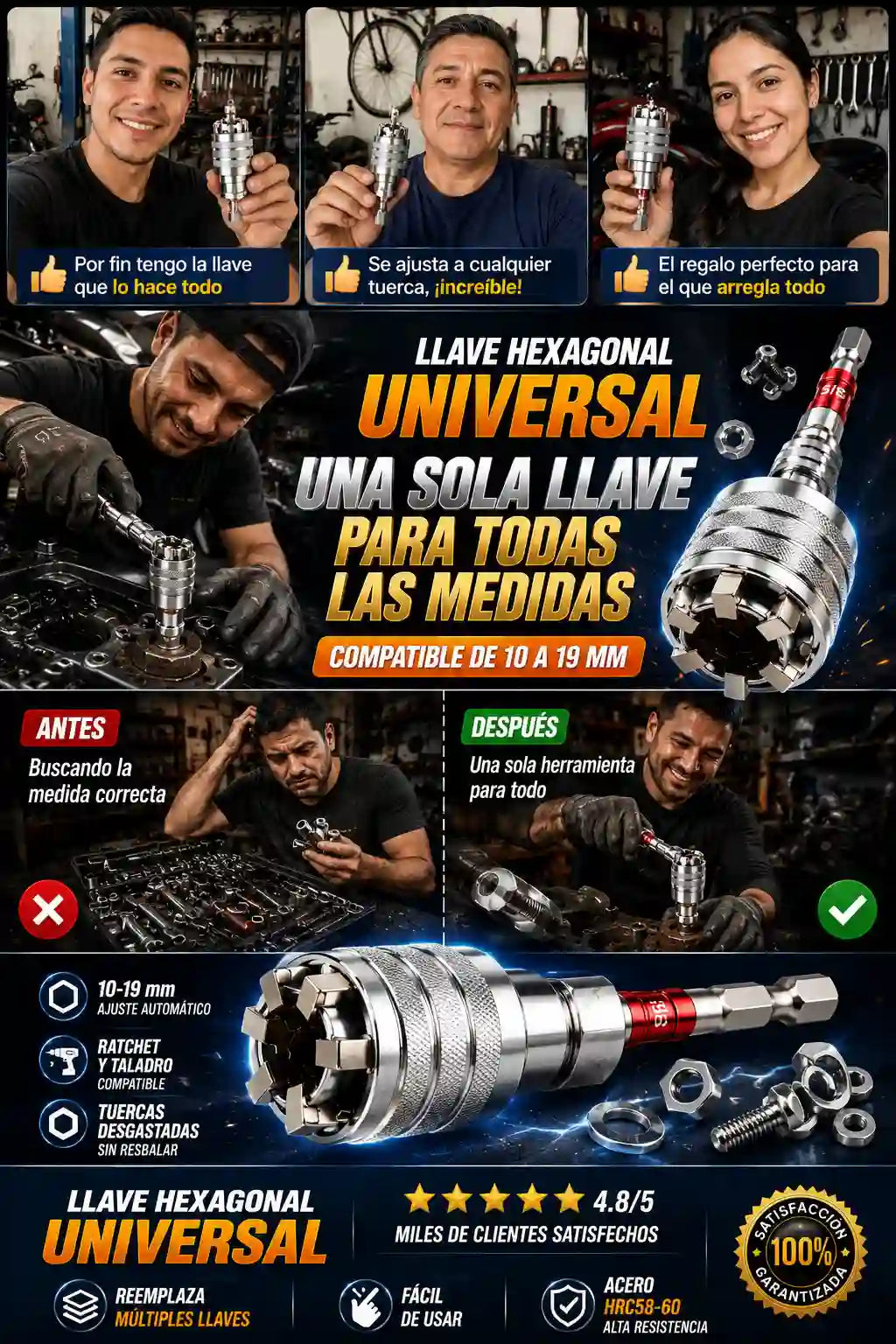 Llave Hexagonal Universal 38 Pulgadas - Ajuste automático y Agarra tuercas barridas - HOY 30% OFF
