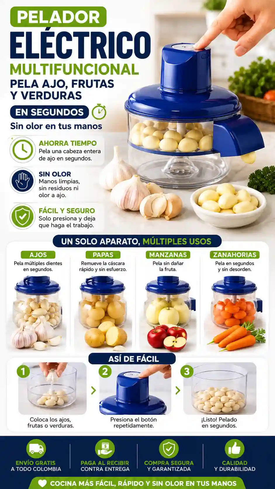 Pelador Eléctrico Multifuncional - Ahorra Tiempo Pelando Ajo y Vegetales en Segundos - HOY 50% OFF