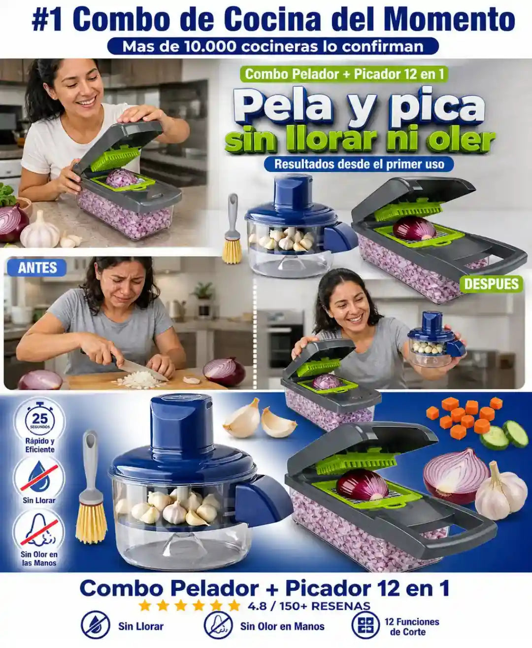 Combo Pelador + Picador 12 en 1 - Pela y Pica Sin Llorar Ni Oler - Descuento Especial Hoy
