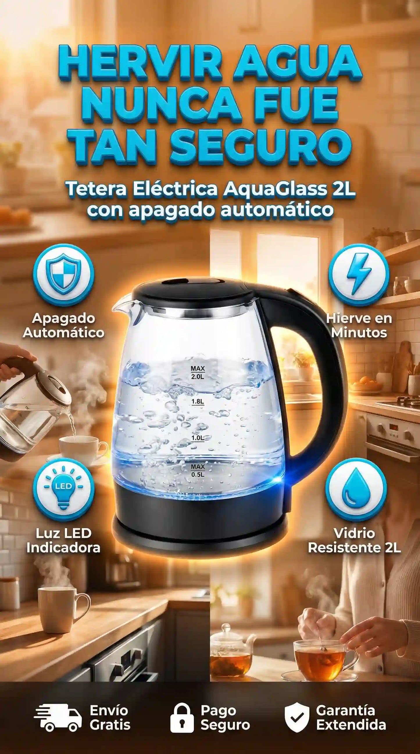Tetera Electrica AquaGlass (2Lts) - Hierve En 3min Con Apagado Automatico - HOY 30% OFF