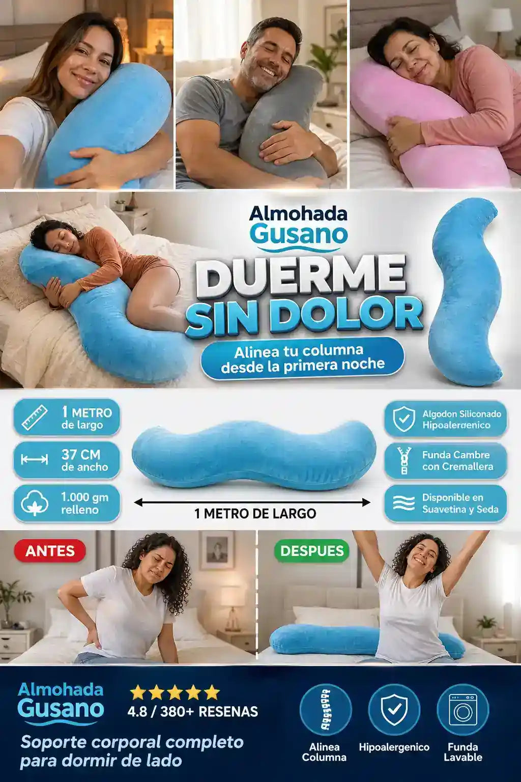 Almohada Gusano 1mt- Duerme Cómodo Toda La Noche - HOY 30% OFF