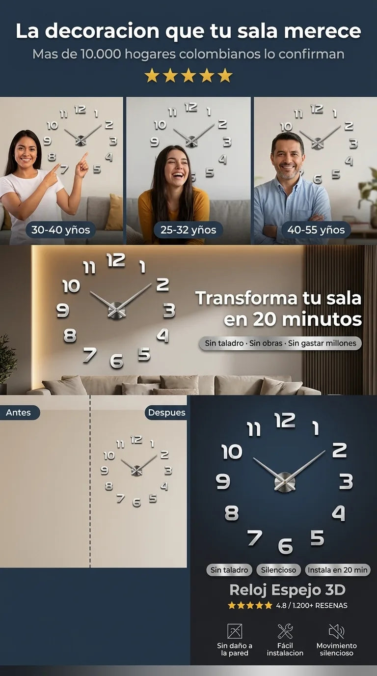 Reloj Espejo 3D - Transforma Tu Sala en 20 Minutos Sin Taladro - 30% de Descuento
