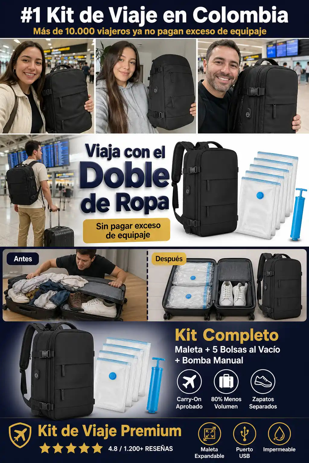 Kit de Viaje Maleta + Bolsas al Vacio + Bomba Manual - Lleva el Doble Sin Pagar Exceso - Descuento Especial Hoy