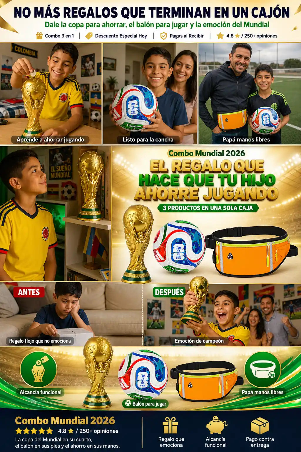 Combo Mundial 2026: Copa Alcancía + Balón + Riñonera - Tu Hijo Ahorra Jugando - Oferta 3 en 1
