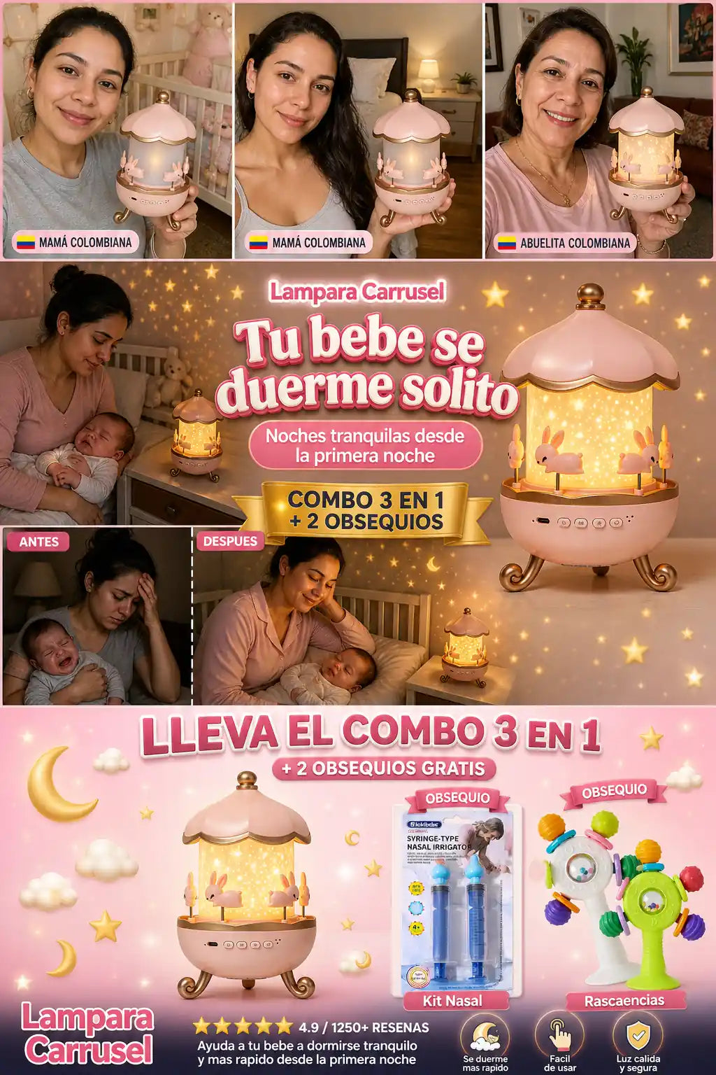 Lámpara Carrusel Proyector (6 Animaciones) - Tu Bebé Se Duerme Solito - Combo 3 en 1 + 2 Obsequios