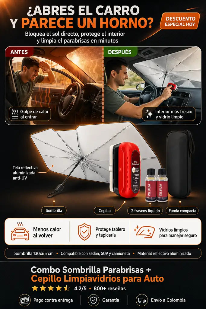 Combo Sombrilla Parabrisas + Pulidor Cristales Oil Film - Tu Carro Fresco y Limpio por Dentro - 30% Descuento