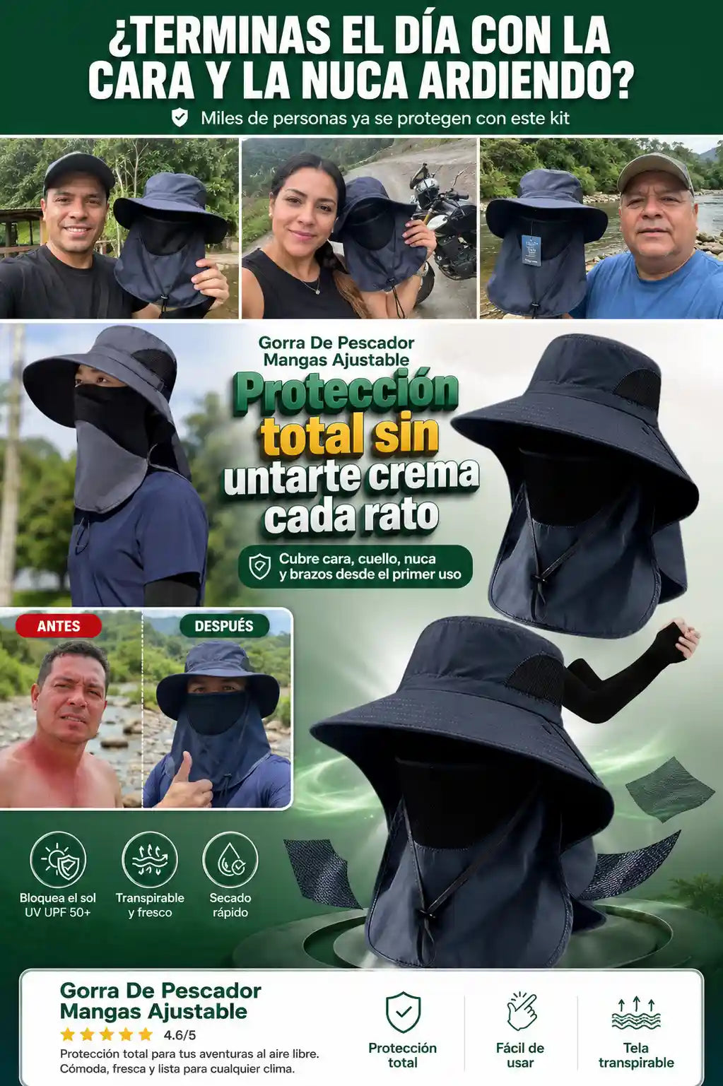 Gorra De Protección + Mangas Ajustables - Proteccion Total Contra el Sol - Combo Especial