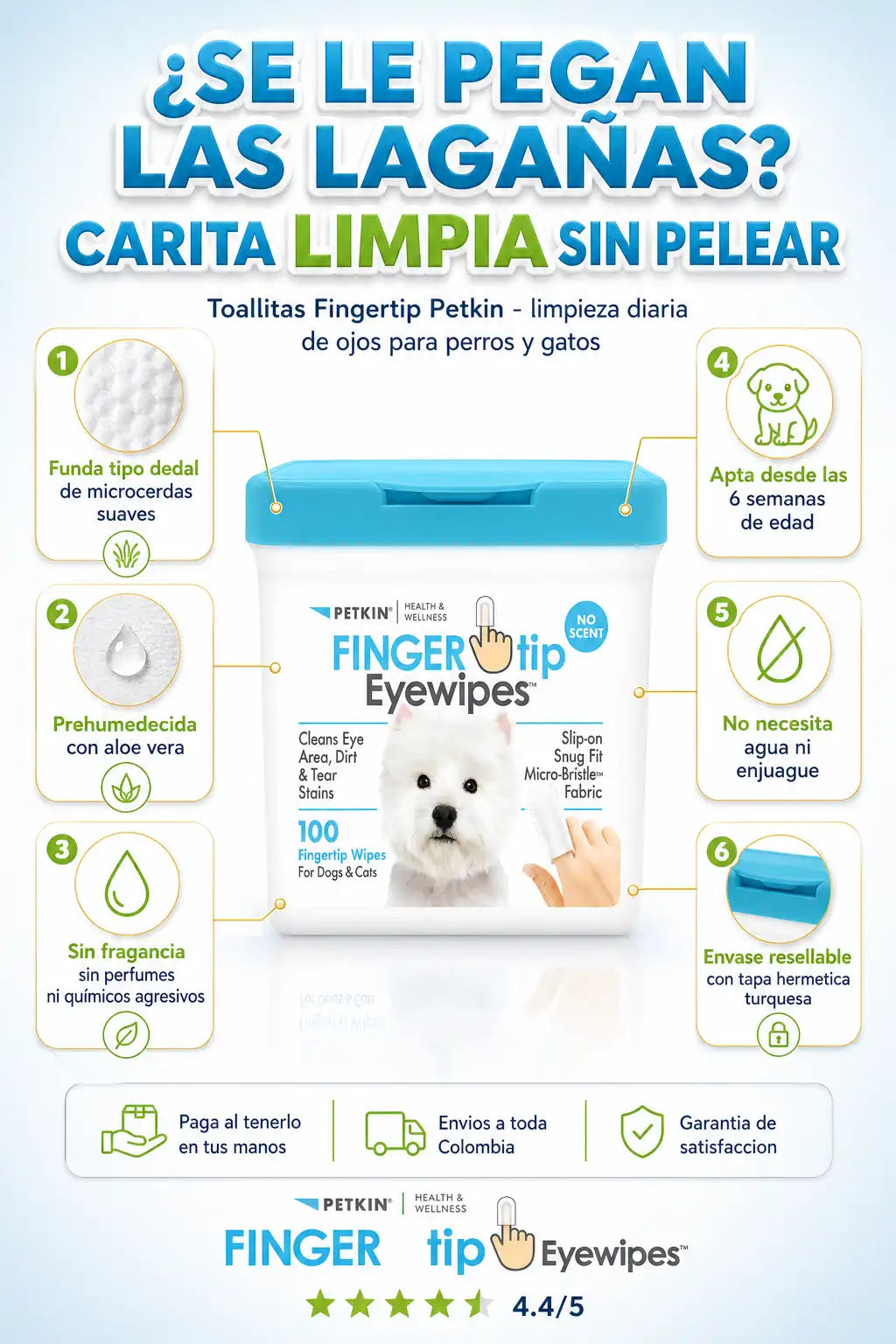 Toallitas Fingertip Eye Petkin - Carita Limpia Sin Pelear - Rinde Hasta 4 Meses