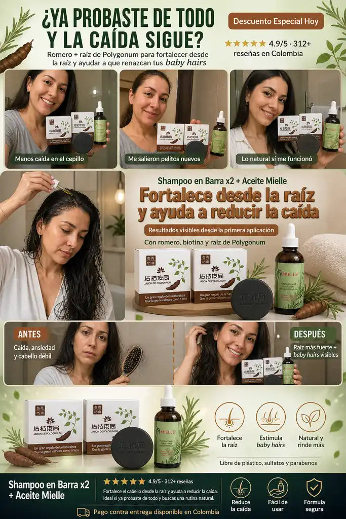 Shampoo en Barra Anticaida (Pack x2) + Aceite Mielle - Fortalece tu Cabello desde la Raiz - Oferta Solo Por 24Horas