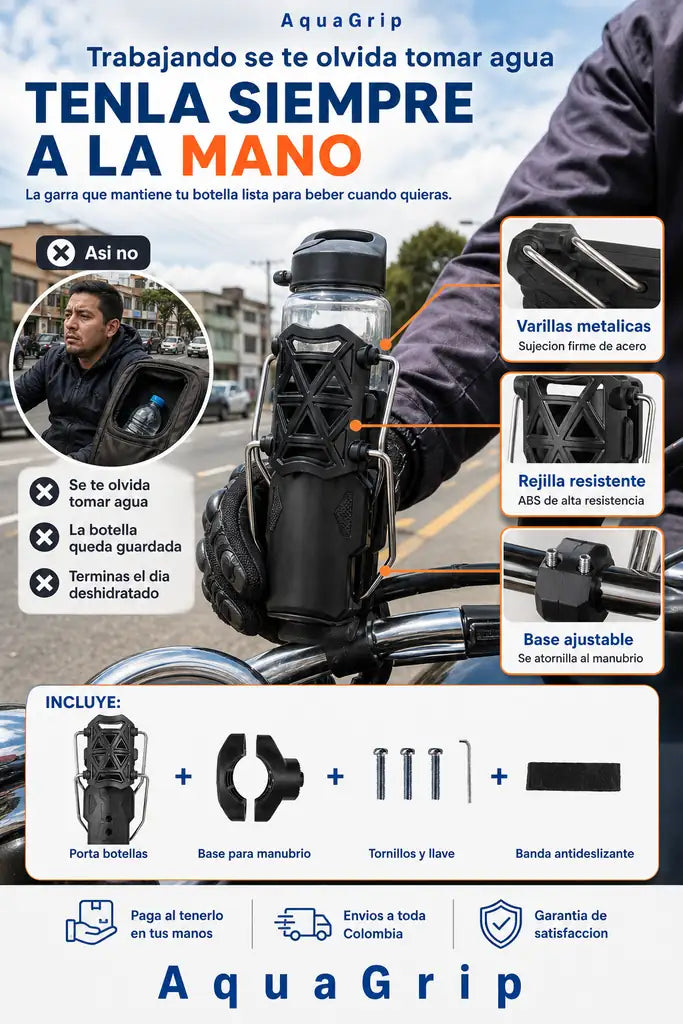 AquaGrip Portabidon Ajustable para Moto y Bicicleta - Toma Agua Sin Parar de Trabajar - Precio Especial Hoy