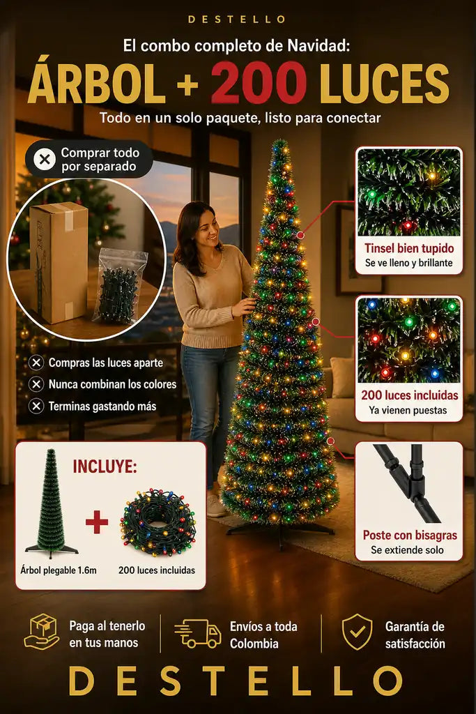 Árbol de Navidad Plegable - Se Arma Solo en Segundos - Incluye 200 Luces