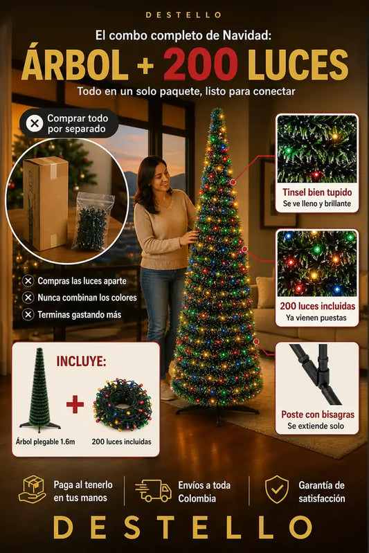 Árbol de Navidad Plegable - Se Arma Solo en Segundos - Incluye 200 Luces