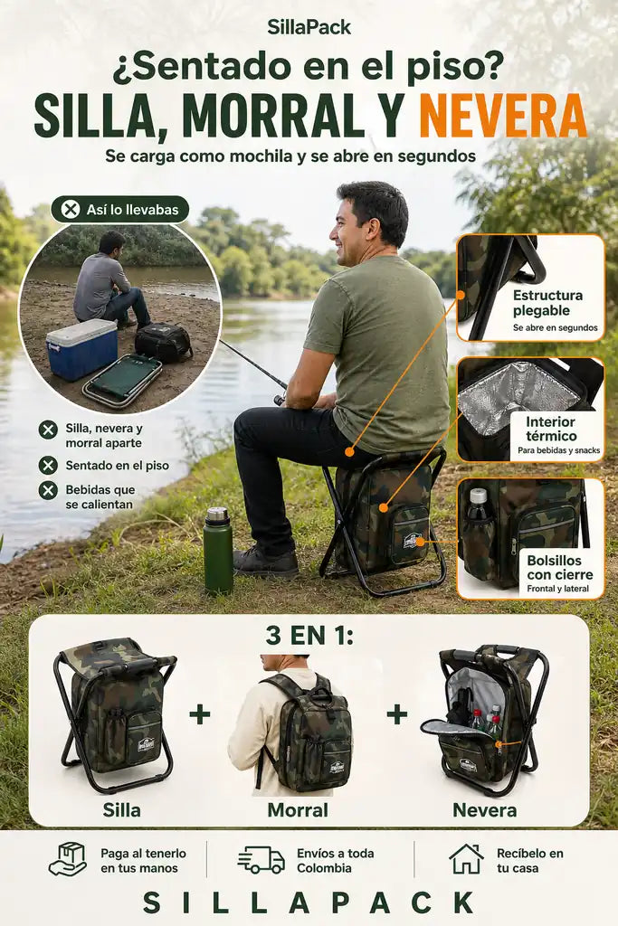 Silla Morral Camping Camuflada - Silla, Morral y Nevera en Uno - 30% Descuento