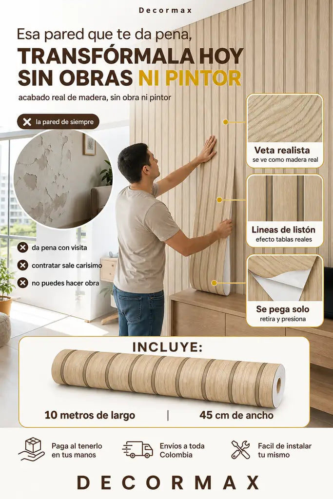 Papel Decorativo Efecto Madera - Instalacion Sin Obra Ni Pintor - 30% Descuento