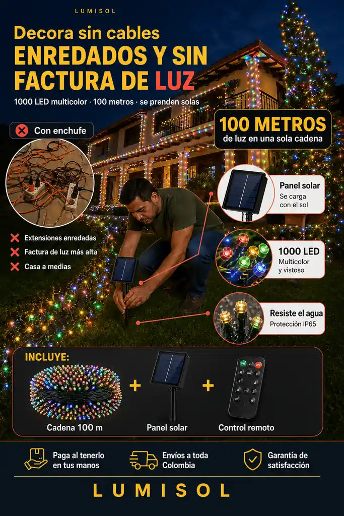 Luces LED 1000 Solar y USB Multicolor - 100 Metros Sin Extensiones Ni Enchufes - 30% Descuento