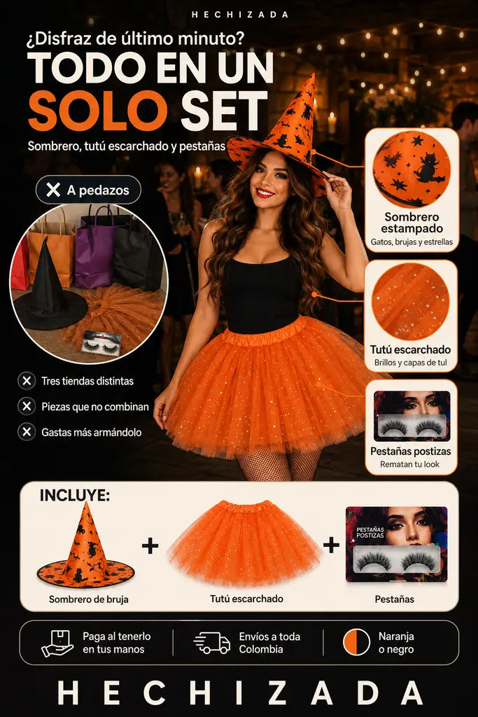 Set Disfraz de Bruja 3 Piezas - Sombrero, Tutú Escarchado y Pestañas - Oferta de Halloween
