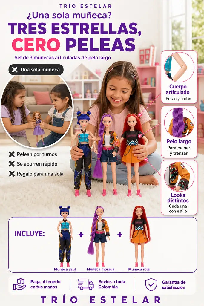 Set X3 Muñecas Estilo K-Pop Articuladas - Pelo Largo y Looks Distintos - Oferta de Hoy